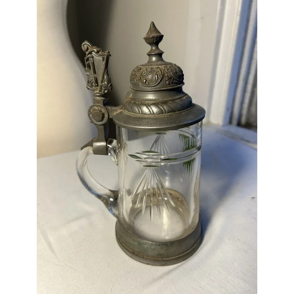 Vintage Antique German Cut Overlay Green Crystal Glass Beer Stein Lidded Pewter
